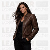 Women’s Brown Leather Bomber Jacket – Classic Zip-Up Ribbed Collar Jacket