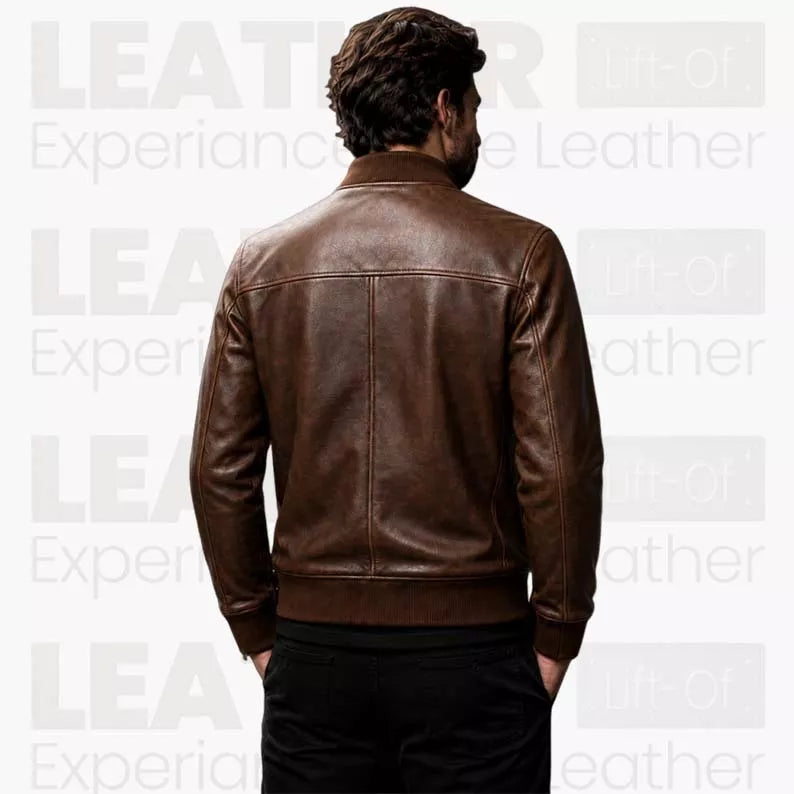 Men’s Brown Leather Bomber Jacket – Classic Zip-Up Ribbed Collar Jacket