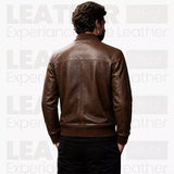 Men’s Brown Leather Bomber Jacket – Classic Zip-Up Ribbed Collar Jacket