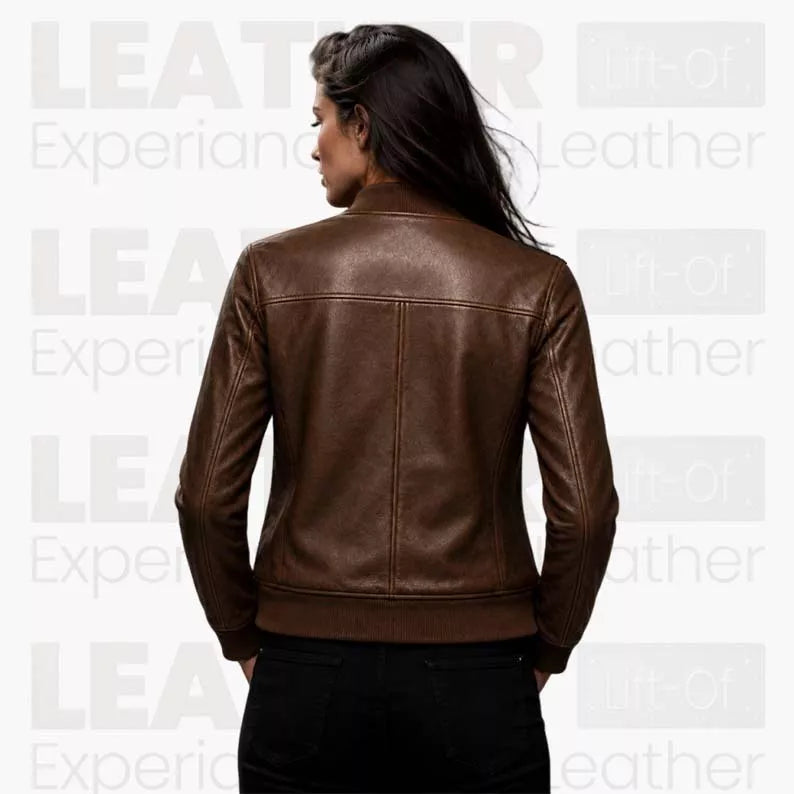 Women’s Brown Leather Bomber Jacket – Classic Zip-Up Ribbed Collar Jacket