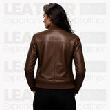 Women’s Brown Leather Bomber Jacket – Classic Zip-Up Ribbed Collar Jacket