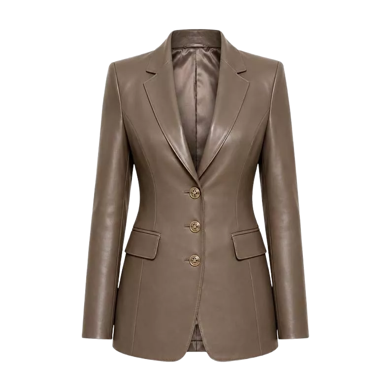 Women’s Taupe Brown Leather Blazer – Tailored Button Front Jacket