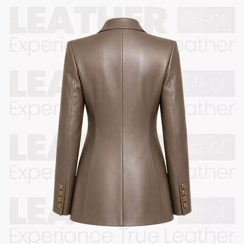 Women’s Taupe Brown Leather Blazer – Tailored Button Front Jacket