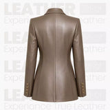 Women’s Taupe Brown Leather Blazer – Tailored Button Front Jacket