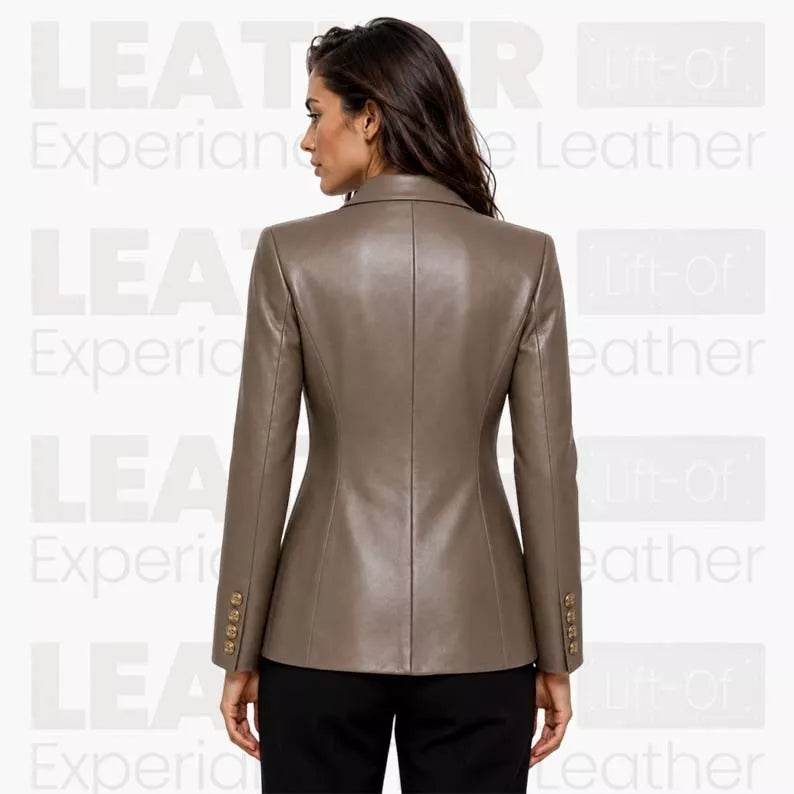 Women’s Taupe Brown Leather Blazer – Tailored Button Front Jacket