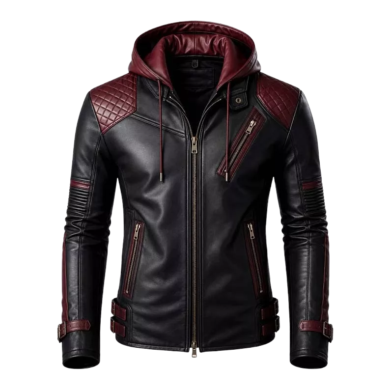 Men’s Black & Burgundy Hooded Leather Biker Jacket | Quilted Moto Jacket