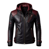 Men’s Black & Burgundy Hooded Leather Biker Jacket | Quilted Moto Jacket