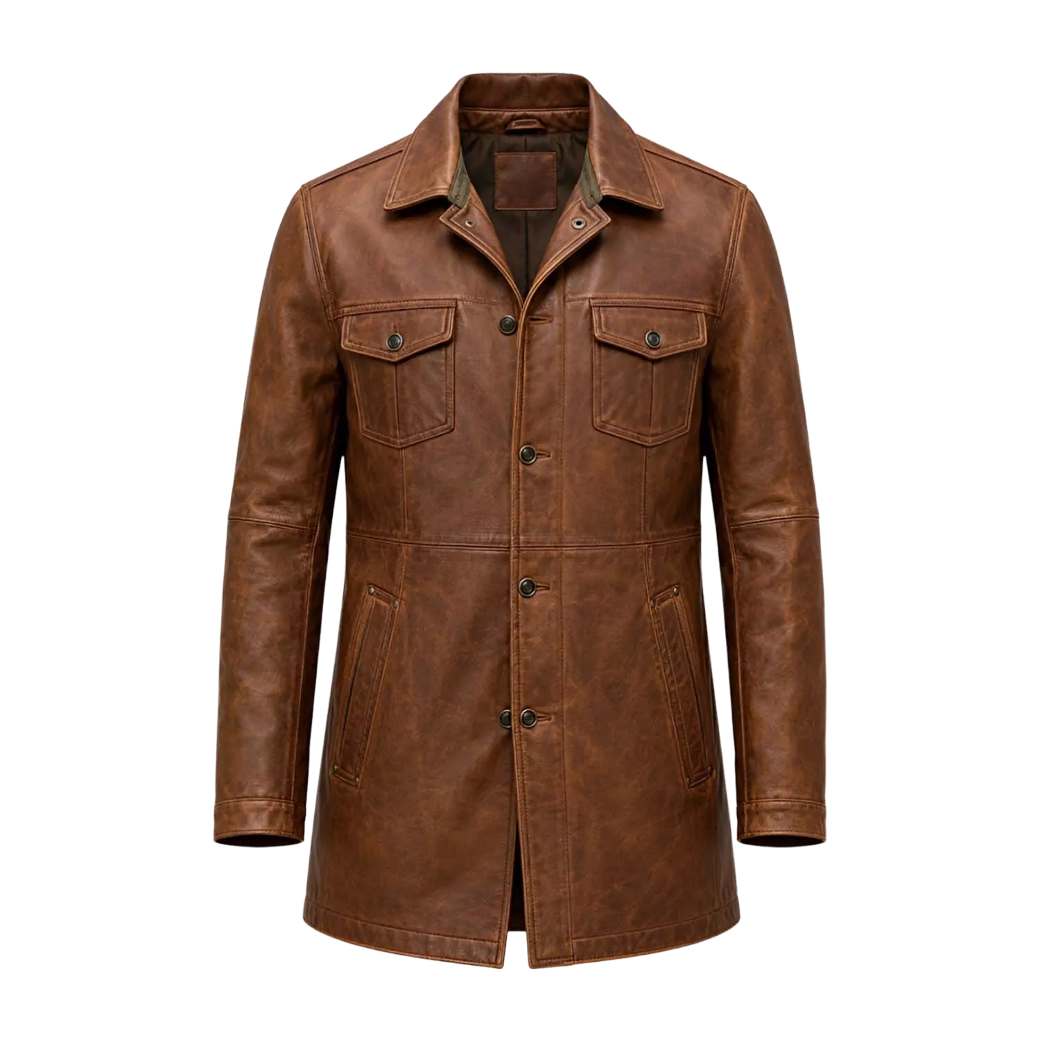 Men’s Brown Leather Workwear Coat | Vintage Button Front Utility Jacket
