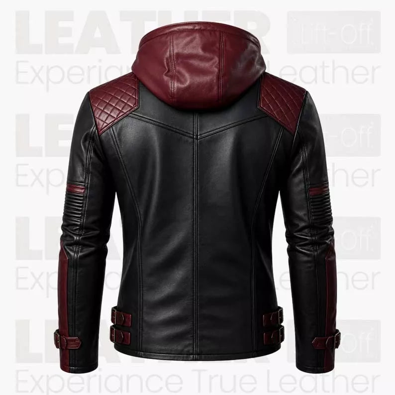 Men’s Black & Burgundy Hooded Leather Biker Jacket | Quilted Moto Jacket
