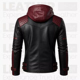Men’s Black & Burgundy Hooded Leather Biker Jacket | Quilted Moto Jacket