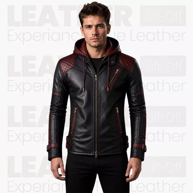 Men’s Black & Burgundy Hooded Leather Biker Jacket | Quilted Moto Jacket