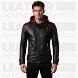 Men’s Black & Burgundy Hooded Leather Biker Jacket | Quilted Moto Jacket