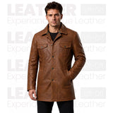 Men’s Brown Leather Workwear Coat | Vintage Button Front Utility Jacket
