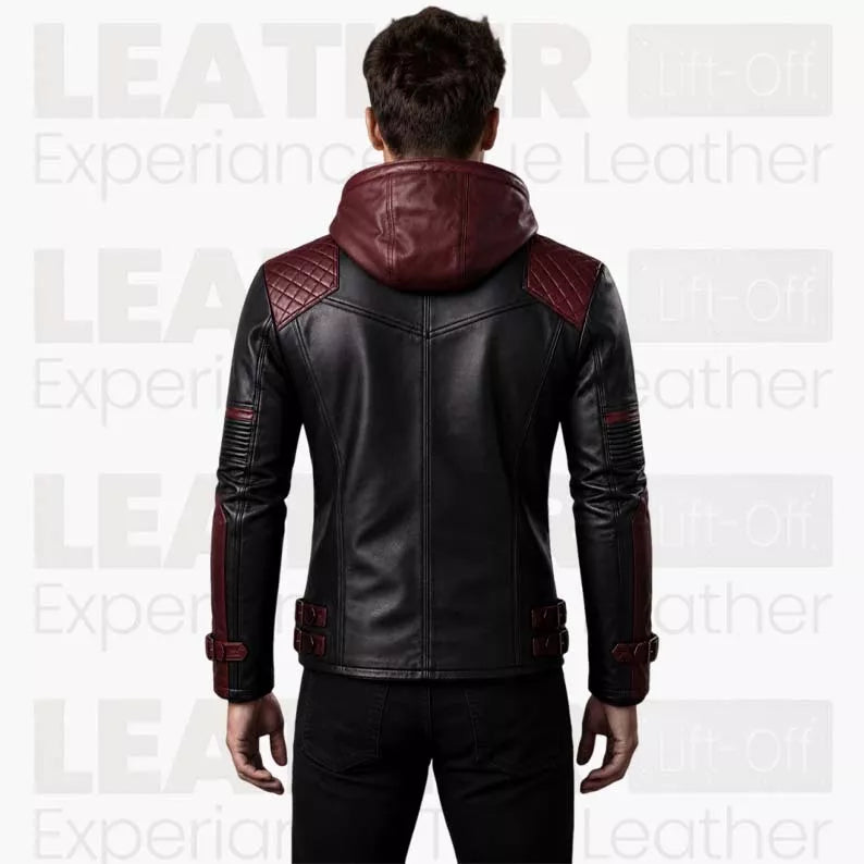Men’s Black & Burgundy Hooded Leather Biker Jacket | Quilted Moto Jacket