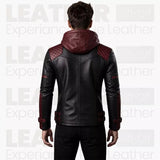 Men’s Black & Burgundy Hooded Leather Biker Jacket | Quilted Moto Jacket