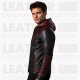 Men’s Black & Burgundy Hooded Leather Biker Jacket | Quilted Moto Jacket