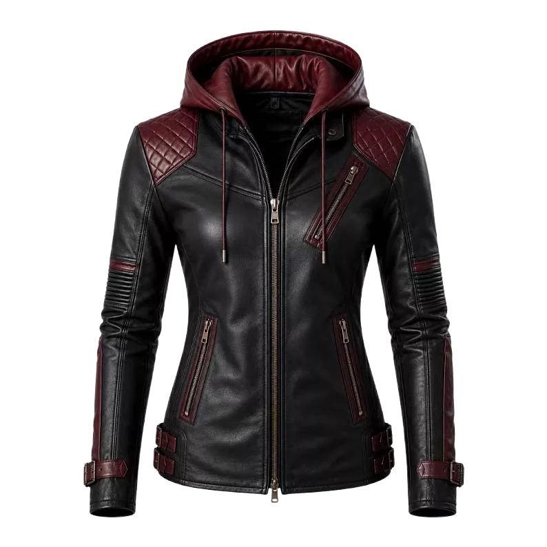 Women’s Black & Burgundy Hooded Leather Biker Jacket – Quilted Moto Jacket