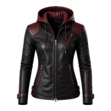 Women’s Black & Burgundy Hooded Leather Biker Jacket – Quilted Moto Jacket