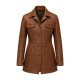 Women’s Brown Leather Workwear Coat | Vintage Button Front Utility Jacket