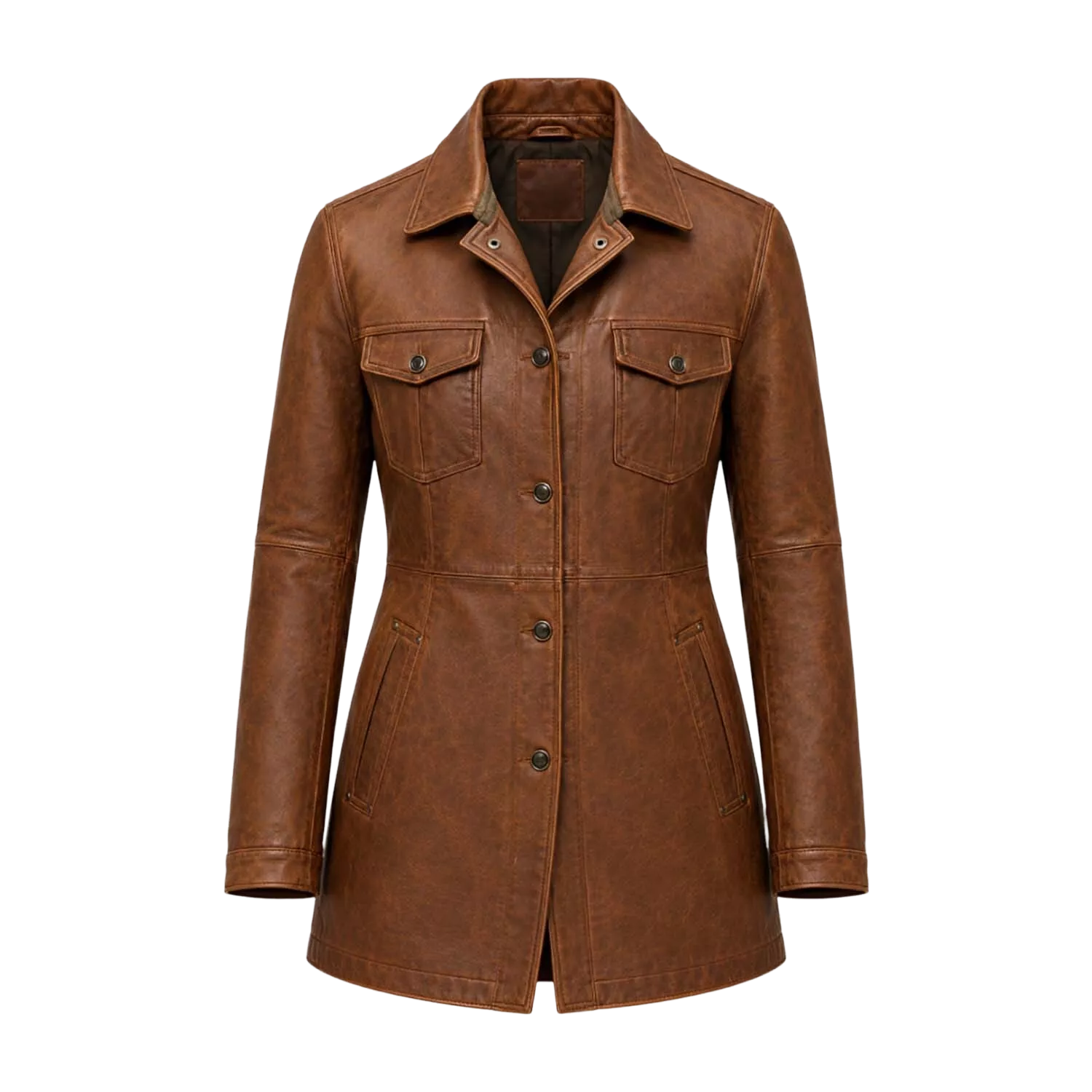 Women’s Brown Leather Workwear Coat | Vintage Button Front Utility Jacket