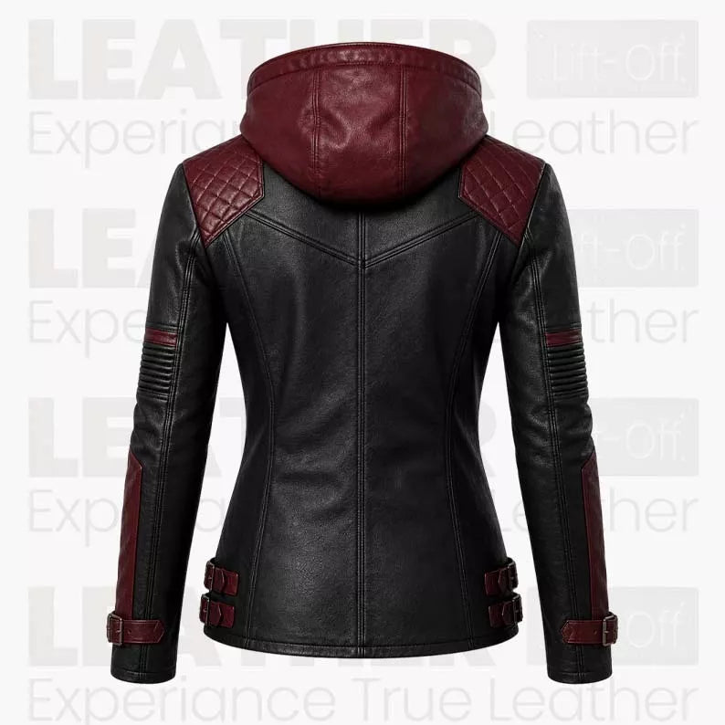 Women’s Black & Burgundy Hooded Leather Biker Jacket – Quilted Moto Jacket