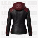 Women’s Black & Burgundy Hooded Leather Biker Jacket – Quilted Moto Jacket