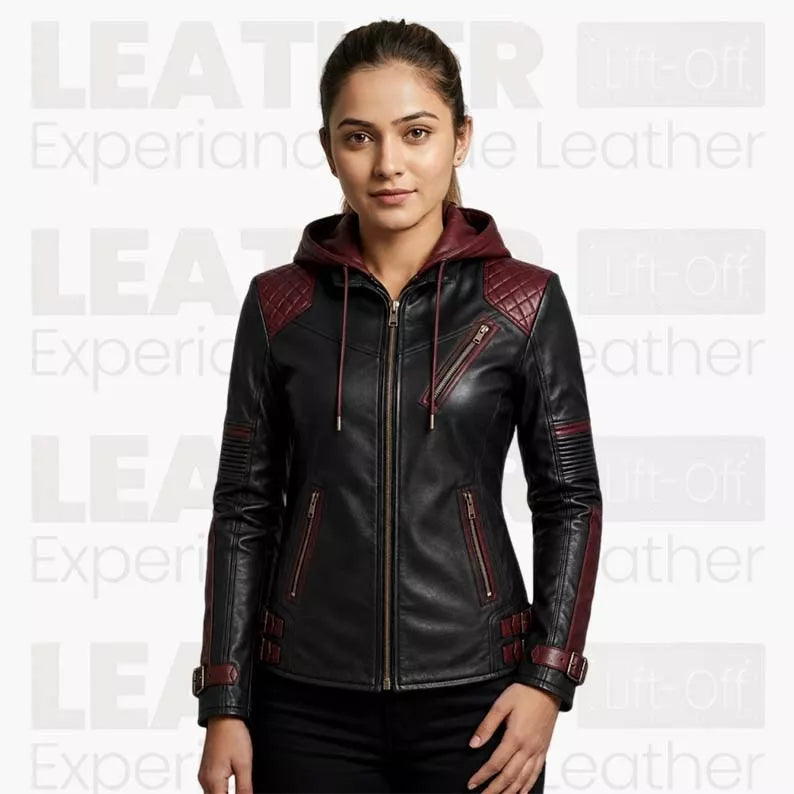 Women’s Black & Burgundy Hooded Leather Biker Jacket – Quilted Moto Jacket