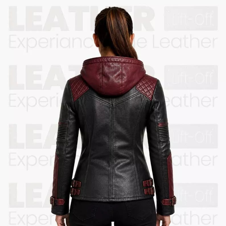 Women’s Black & Burgundy Hooded Leather Biker Jacket – Quilted Moto Jacket