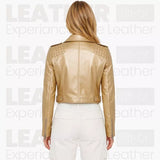 Women’s Metallic Gold Cropped Biker Leather Jacket – Asymmetrical Zip Moto Jacket