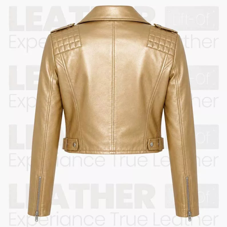 Women’s Metallic Gold Cropped Biker Leather Jacket – Asymmetrical Zip Moto Jacket