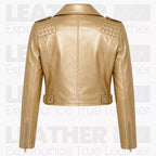 Damen metallicgoldene kurze Bikerlederjacke – asymmetrische Reißverschluss-Motorradjacke