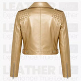 Women’s Metallic Gold Cropped Biker Leather Jacket – Asymmetrical Zip Moto Jacket