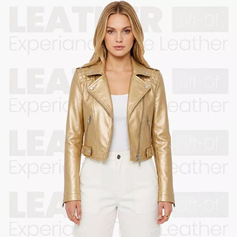 Women’s Metallic Gold Cropped Biker Leather Jacket – Asymmetrical Zip Moto Jacket