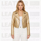 Damen metallicgoldene kurze Bikerlederjacke – asymmetrische Reißverschluss-Motorradjacke