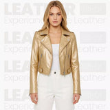 Women’s Metallic Gold Cropped Biker Leather Jacket – Asymmetrical Zip Moto Jacket