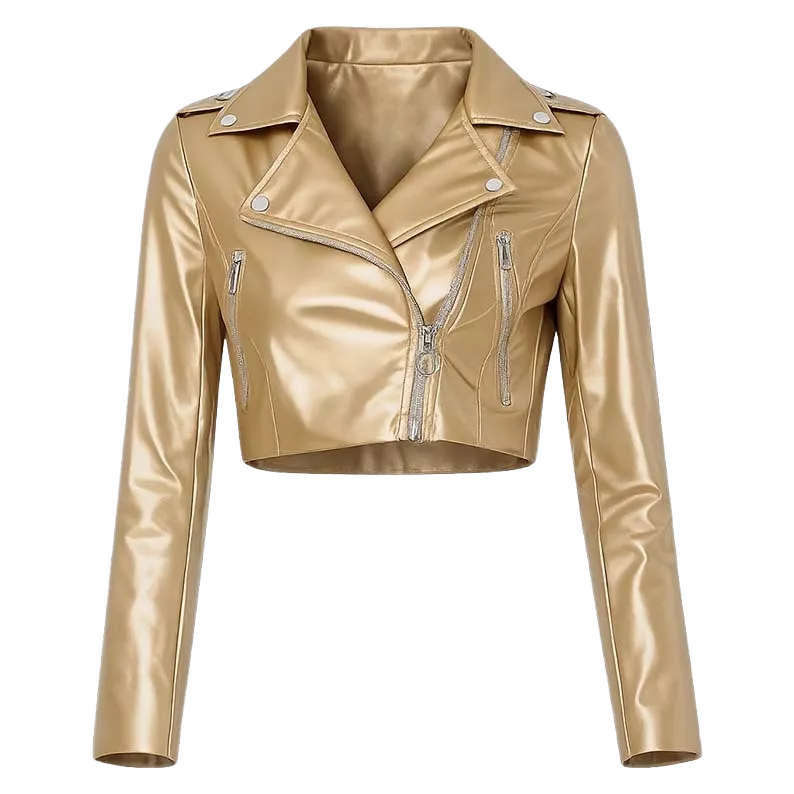 Women’s Metallic Gold Cropped Biker Leather Jacket – Asymmetrical Zip Moto Jacket