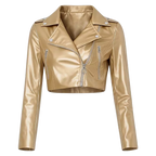 Damen metallicgoldene kurze Bikerlederjacke – asymmetrische Reißverschluss-Motorradjacke