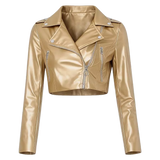 Women’s Metallic Gold Cropped Biker Leather Jacket – Asymmetrical Zip Moto Jacket