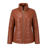Women's Cognac Brown Leather Puffer Jacket | Zip-Up Winter Jacket