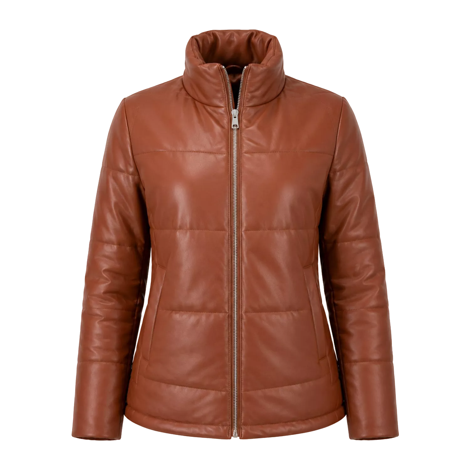 Women's Cognac Brown Leather Puffer Jacket | Zip-Up Winter Jacket