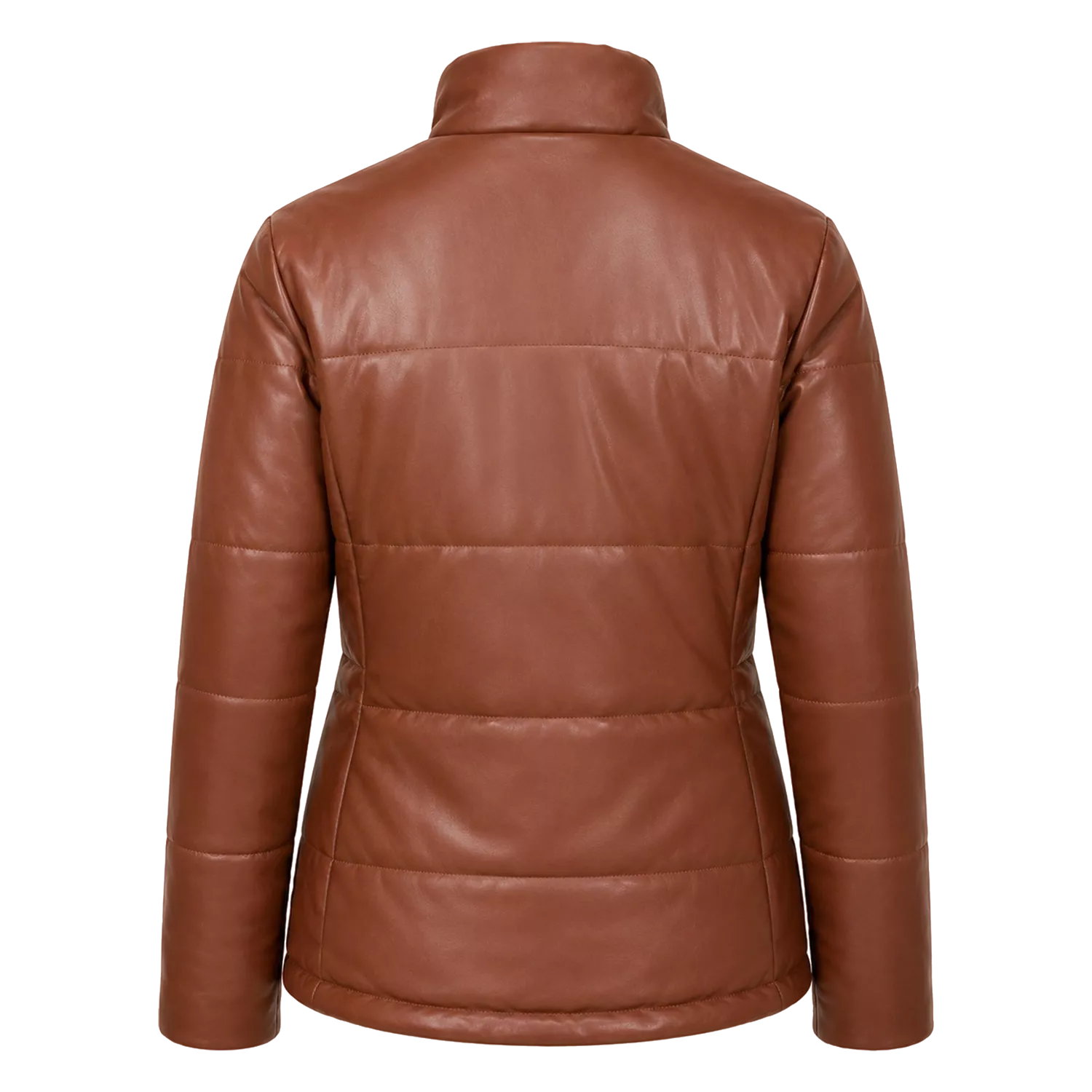 Women's Cognac Brown Leather Puffer Jacket | Zip-Up Winter Jacket