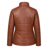 Women's Cognac Brown Leather Puffer Jacket | Zip-Up Winter Jacket