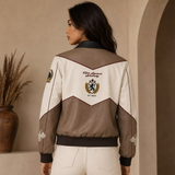 Women’s Beige Colorblock Graphic Leather Bomber Jacket | Streetwear Zip Jacket