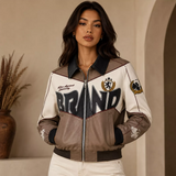 Women’s Beige Colorblock Graphic Leather Bomber Jacket | Streetwear Zip Jacket