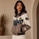 Women’s Beige Colorblock Graphic Leather Bomber Jacket | Streetwear Zip Jacket