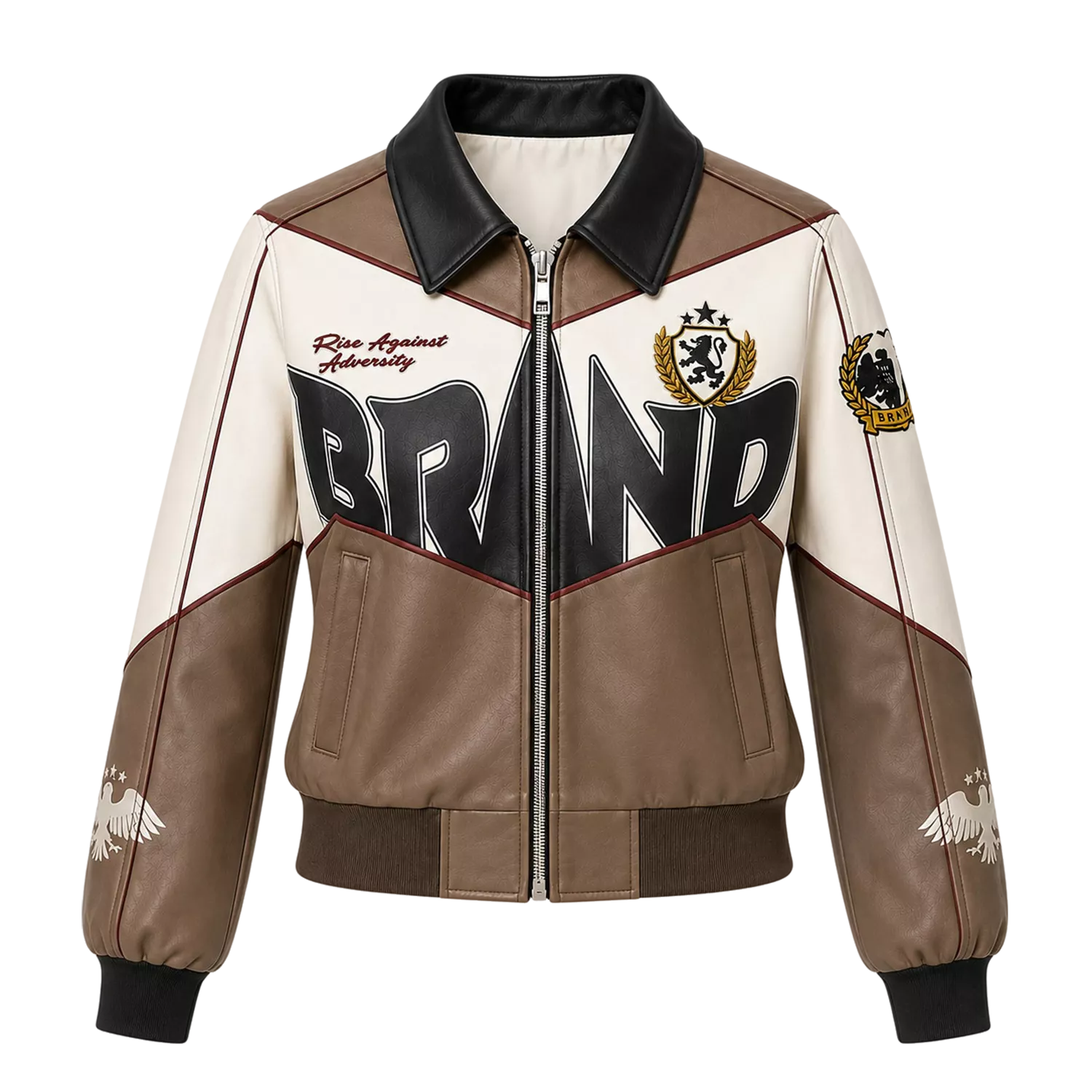 Women’s Beige Colorblock Graphic Leather Bomber Jacket | Streetwear Zip Jacket
