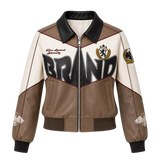 Women’s Beige Colorblock Graphic Leather Bomber Jacket | Streetwear Zip Jacket
