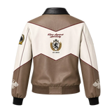 Women’s Beige Colorblock Graphic Leather Bomber Jacket | Streetwear Zip Jacket