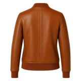 Women’s Cognac Brown Leather Bomber Jacket | Ribbed Collar Zip Flight Jacket