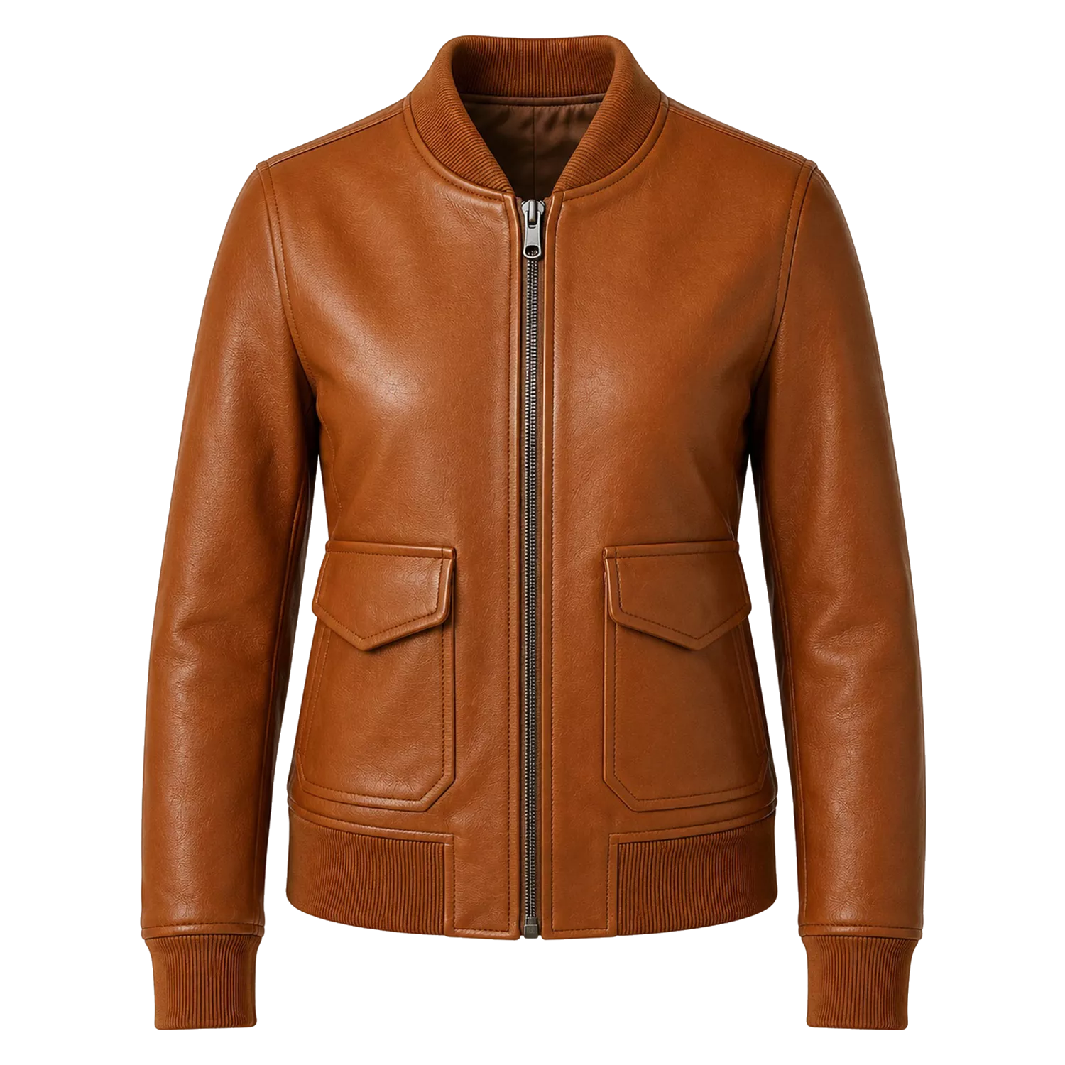 Women’s Cognac Brown Leather Bomber Jacket | Ribbed Collar Zip Flight Jacket